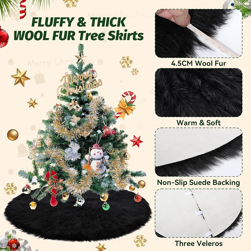 Parttely 36inch Black Wool Fur Christmas Tree Skirt - Thick Plush Holiday Decoration