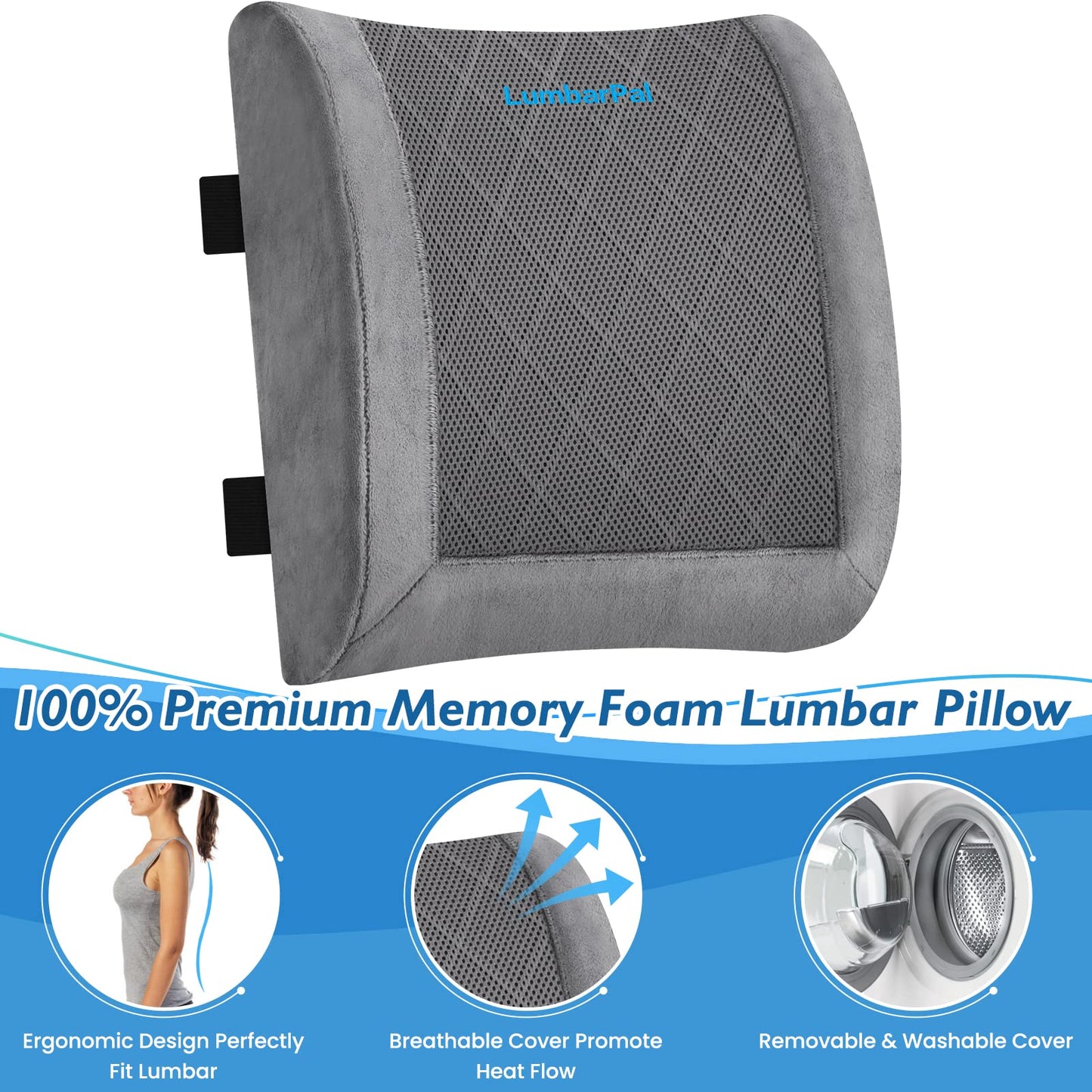 LumbarPal Lumbar Support Pillow for Office Chair Back Support Lumbar Pillow for Car, Gaming, Office Chair - Improve Sitting Posture & Back Pain Relief, Memory Foam, Adjustable Straps, Fluffy Grey