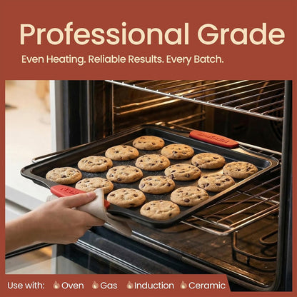 Bakkenmaster Baking Set - 8-Piece Non-Stick Bakeware with Red Silicone Handles - Carbon Steel, PFOA Free