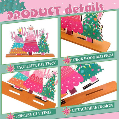 Pastel Pink Christmas Wooden Table Decorations - 6 Pcs Holiday Centerpieces