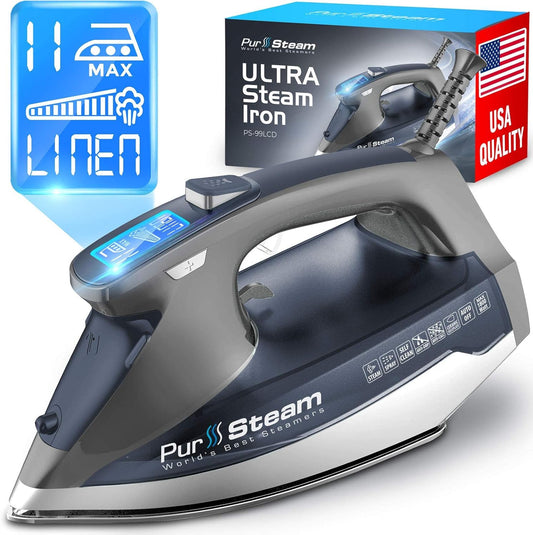 Pursteam Steam Iron - 1800W with LCD Screen, Nonstick Ceramic Soleplate & Auto Shutoff | Self-Cleaning Feature