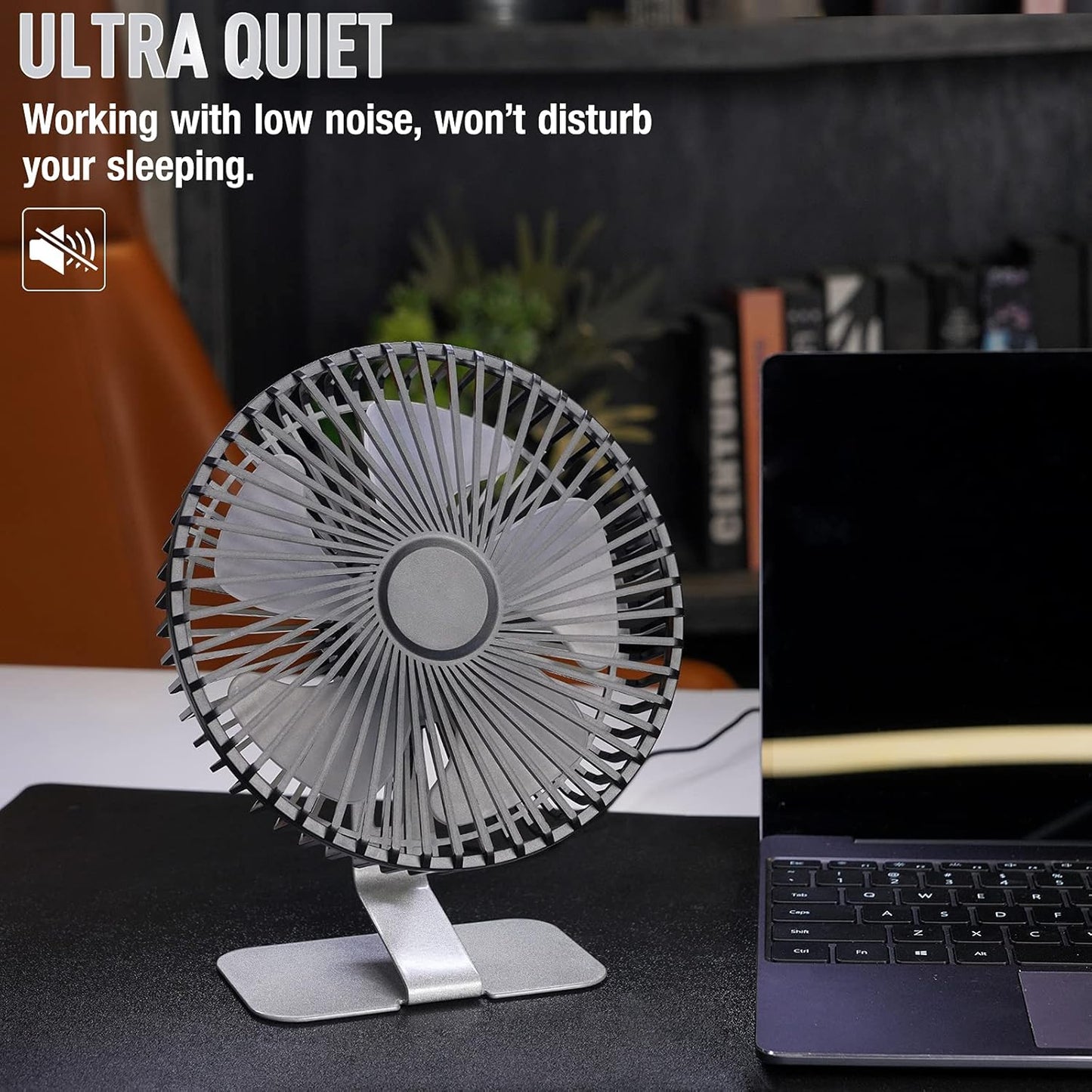 SLENPET USB Small Desk Fan - 6 Inch, Ultra-Quiet, 4 Speeds, 90° Adjustable, Portable Metal Base - Silver