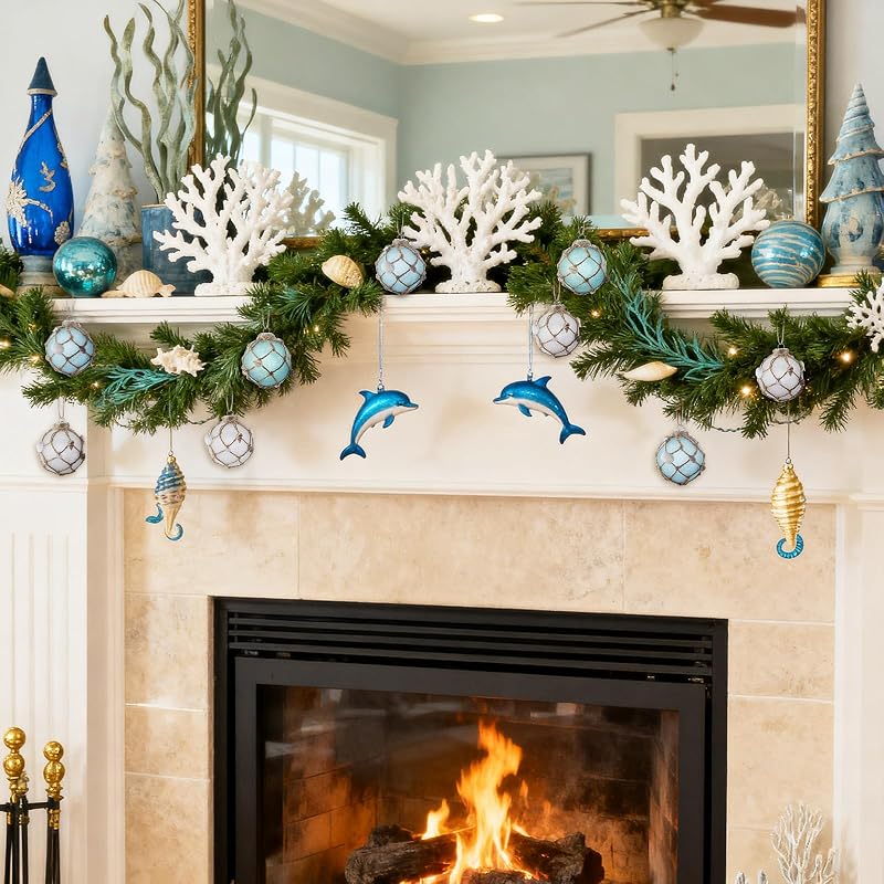 Coastal Christmas Tree Topper with 12 Glass Ornaments – Starfish & Seashell Beach Decor