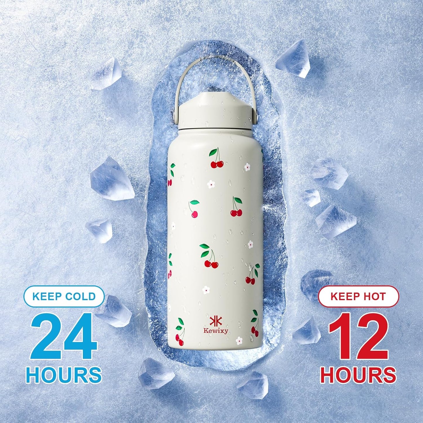 Skiennix 32 oz Insulated Water Bottle - Leak Proof Stainless Steel with Flip Straw & Handle | Cream Cherry