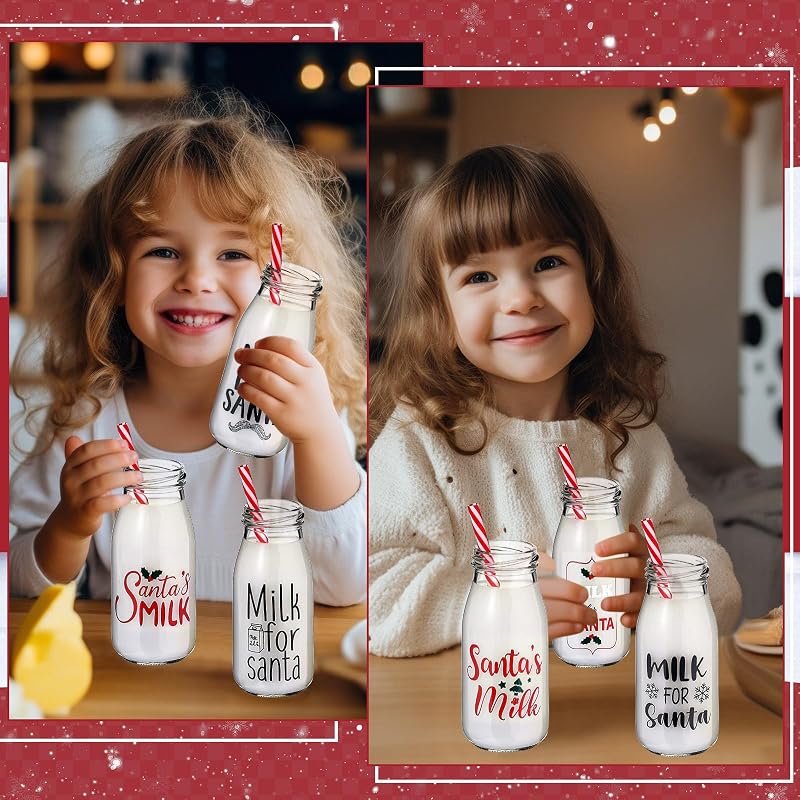 Christmas Glass Milk Bottles with Lids & Straws - 6x8 oz Set