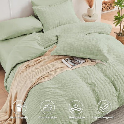HYMOKEGE Comforter Set - Luxury Light Green Seersucker 7-Piece Bedding Set | All-Season Full Size