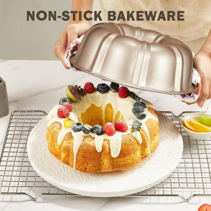 KITESSENSU 9-Inch Non-Stick Cake Pan - 12-Cup Premium Fluted Baking Mold in Champagne Gold