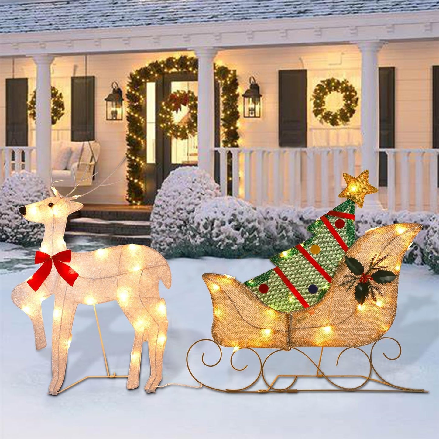 WATERGLIDE Christmas Decorations - 23 Inch Lighted Reindeer & Santa Sleigh | Pre-Lit 2D Yard Decor for Festive Outdoor Display
