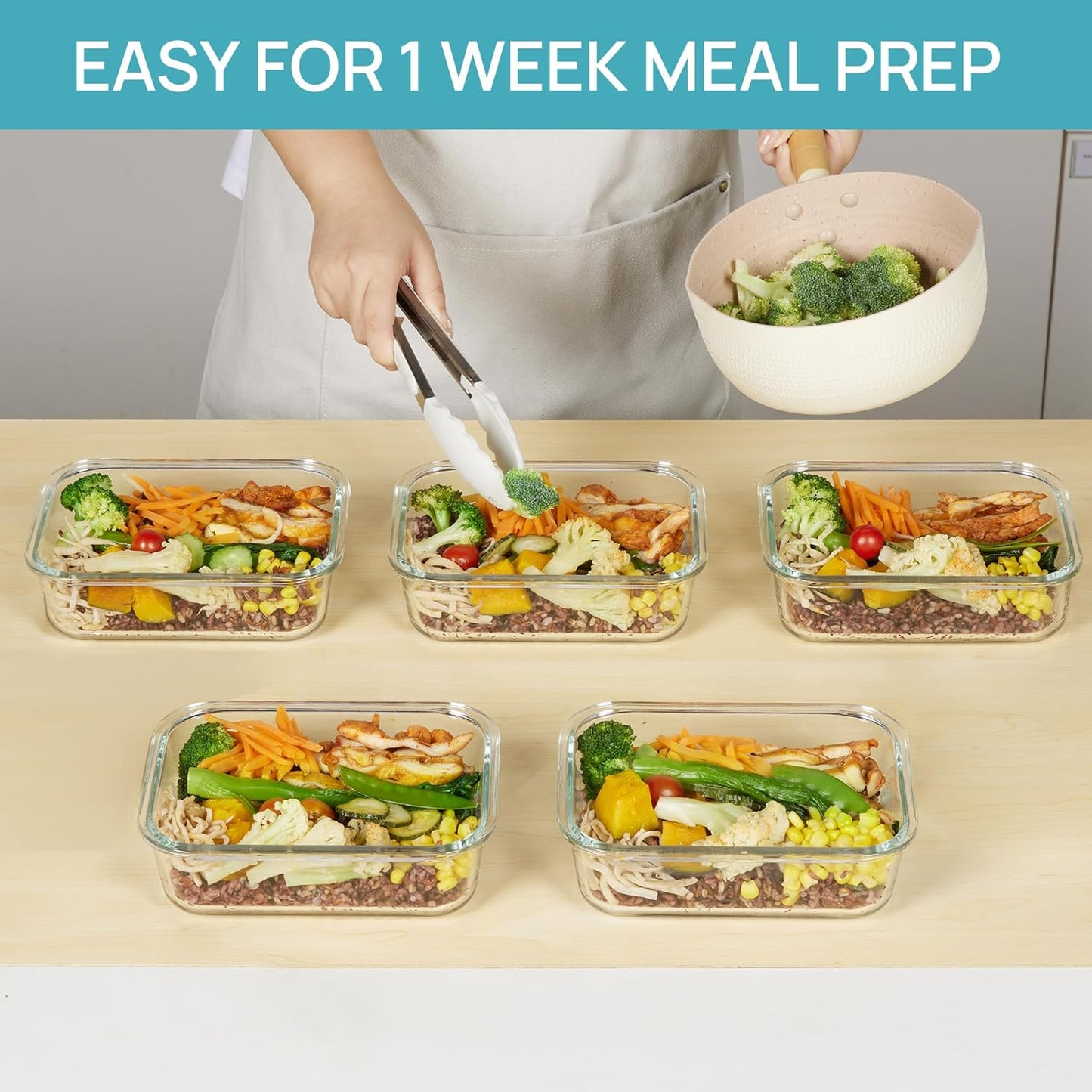Vtopmart 35oz Glass Food Storage Containers - Airtight Meal Prep Set | 5 Pack, Safe for Oven & Microwave, Grey
