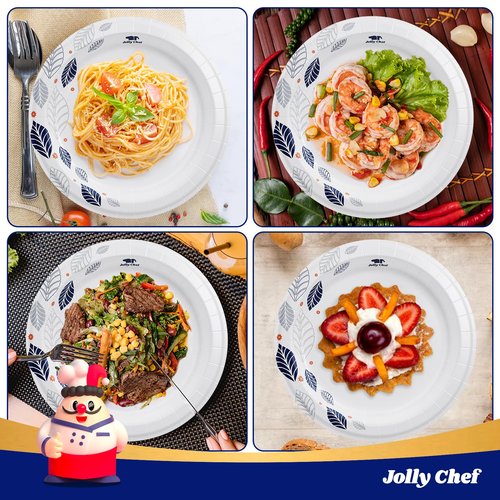 JOLLY CHEF 140 Count Paper Plates 10 inch Soak Proof, Cut Proof, Heavy Duty Leaf Printed Disposable Paper Plates for Everyday Use