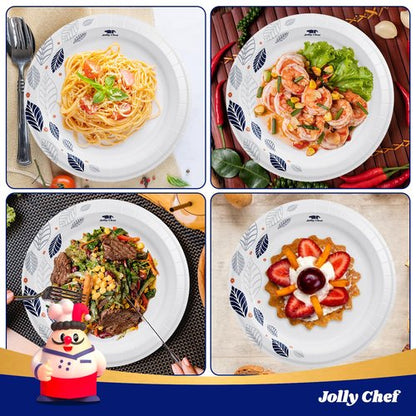 JOLLY CHEF 140 Count Paper Plates 10 inch Soak Proof, Cut Proof, Heavy Duty Leaf Printed Disposable Paper Plates for Everyday Use