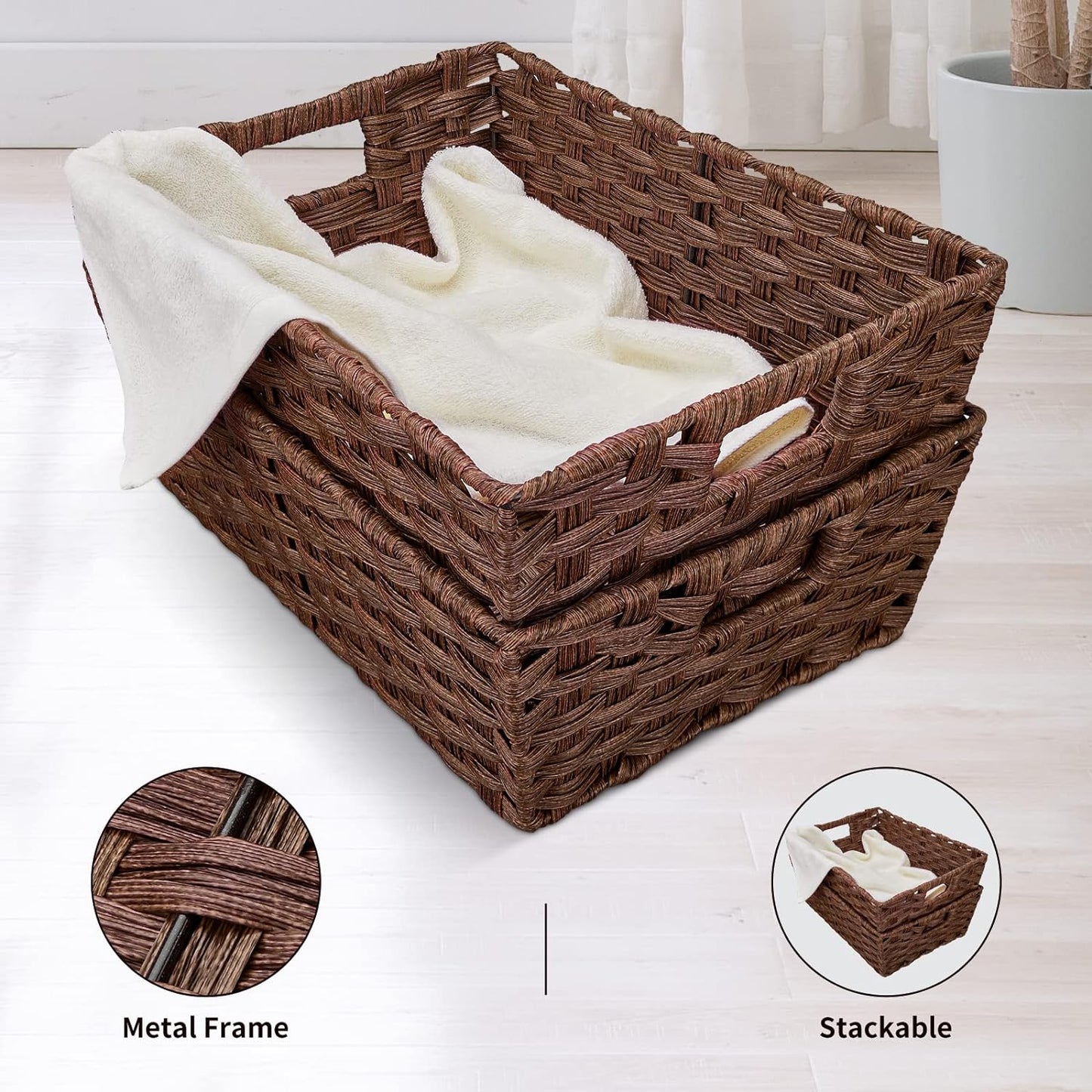 Onlytak Wicker Storage Baskets - Large Washable & Waterproof Set of 2 | 15" x 10.3" x 5.2", Brown