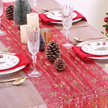 Christmas Snowflakes Table Runner Gauze with Metallic Foil, 29x120 Inches - Xmas Red Gold