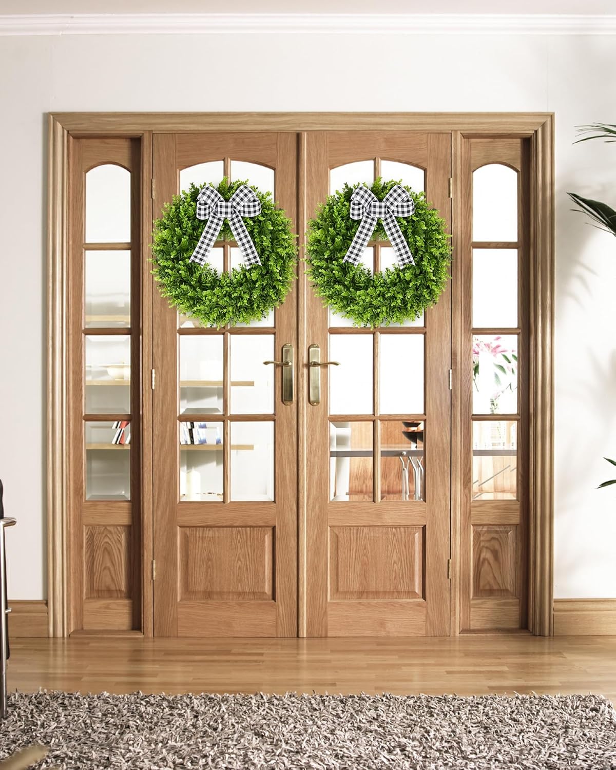 Vlorart 20" Faux Boxwood Wreath - Large Artificial Greenery with Plaid Bow for Door & Wedding Decor