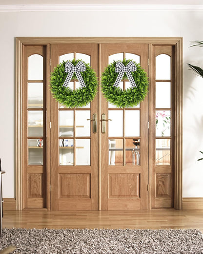 Vlorart 20" Faux Boxwood Wreath - Large Artificial Greenery with Plaid Bow for Door & Wedding Decor