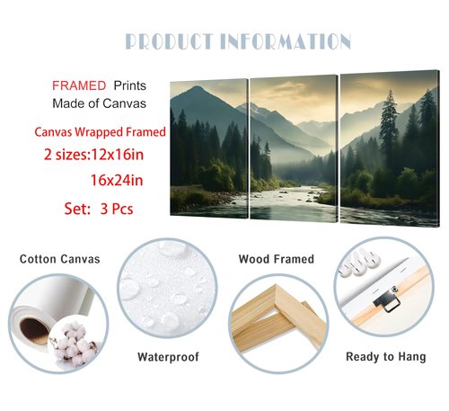 Framed 3Pcs Nature Landscape Wall Art Misty Forest Prints Mountain Pictures Dark Green Plant Posters Botanical River Canvas Painting Home Wall Decor for Living Room Bedroom Bathroom 16x24in