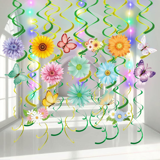Skiennix 33-Piece Spring Hanging Decorations - Colorful Flower & Butterfly Swirls with LED Lights for Easter & Birthday Parties