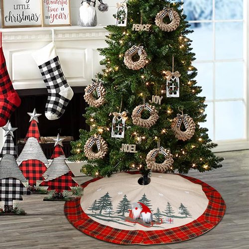 Juegoal 32-Inch Christmas Tree Skirt - Soft Red and Black Plaid with Gnome Design for Holiday Decor