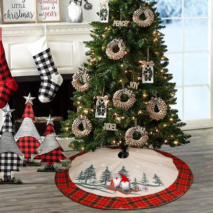 Juegoal 32-Inch Christmas Tree Skirt - Soft Red and Black Plaid with Gnome Design for Holiday Decor