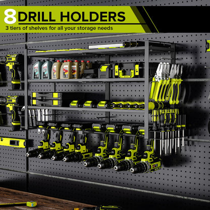 viyawise Power Tool Organizer Wall Mount, 4-Tier Power Tool Organizer with LED Lighting, 8 Drill Holder Garage Organizer and Storage, Heavy-Duty 150 lbs Capacity for Garage Guarantee (Large)
