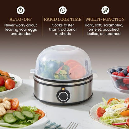 Elite Gourmet Easy Egg Cooker - 7-Egg Capacity for Perfect Soft, Medium, Hard-Boiled & Poached Eggs | Stainless Steel Design