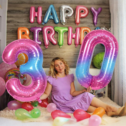 Skiennix Gradient Rainbow Balloons - 40 Inch Large Self-Inflating Foil Number Set 0-9 for Birthday Parties