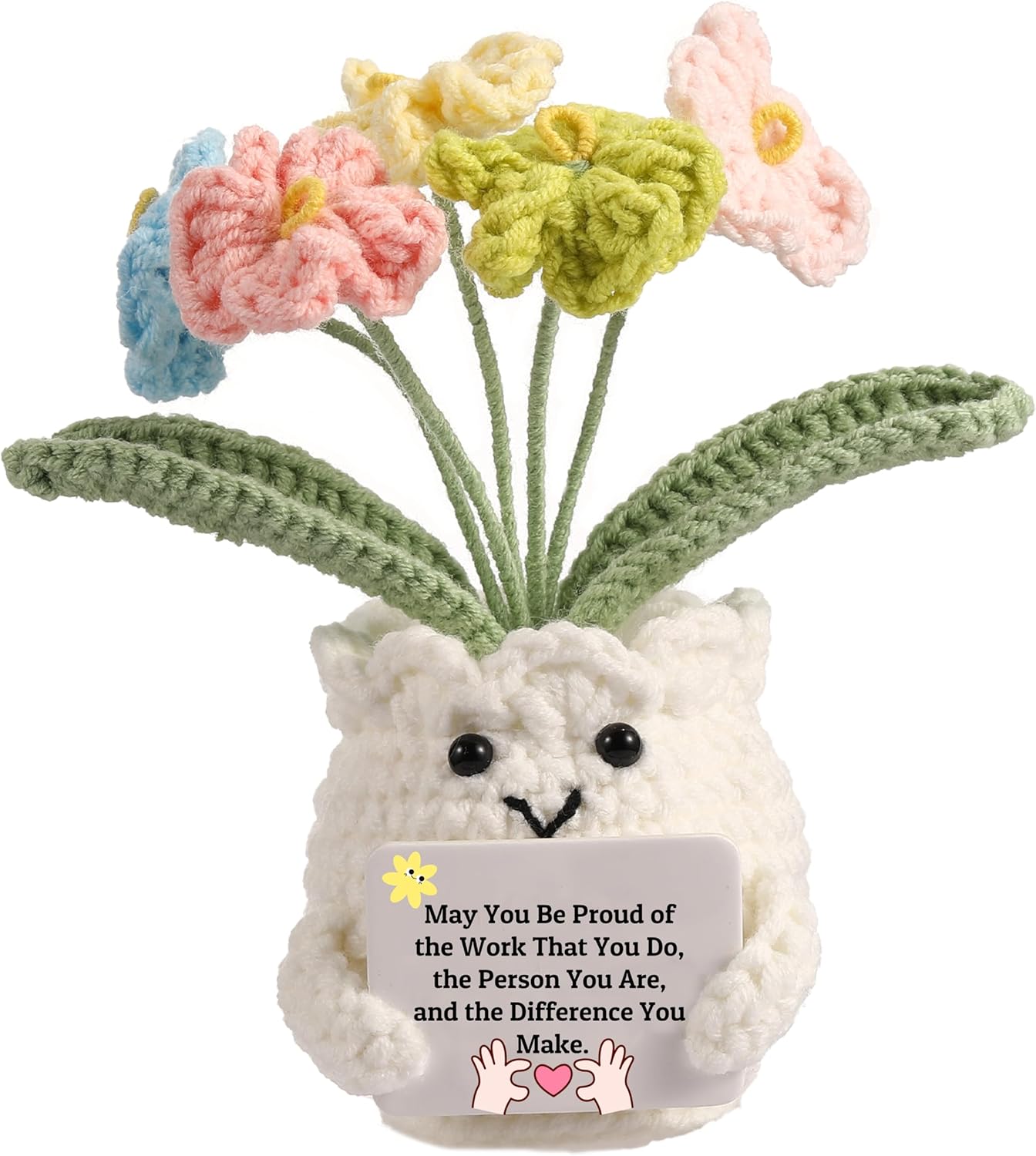 YOOJEE Forget-Me-Not Crochet Flower Potted Plant Gift Handmade Positive Desk Decor with Card - May You Be Proud of The Work That You Do - Appreciation Farewell Retirement Goodbye Gift Coworker Teacher