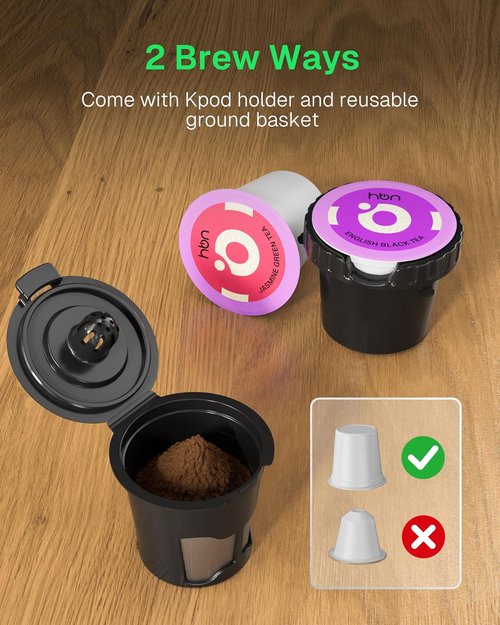 HBN Single Serve Coffee Maker - Fast Brew K-Cup & Ground Coffee Machine | Compact 10oz Stainless Steel Tank, Black