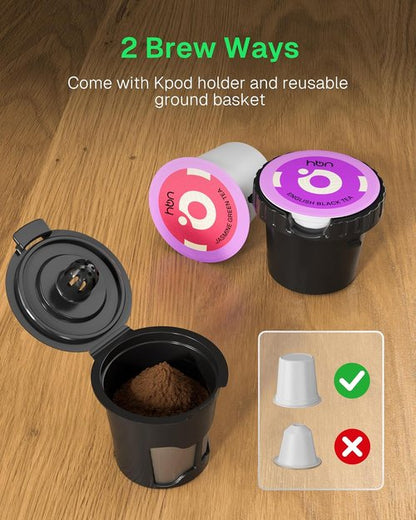 HBN Single Serve Coffee Maker - Fast Brew K-Cup & Ground Coffee Machine | Compact 10oz Stainless Steel Tank, Black