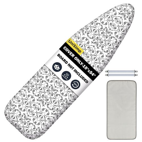 UniSimp Ironing Board Cover and Pad 15"x54" Extra Thick Natural Cotton, Scorch and Stain Resistant Padding,Standard Size Iron Board Cover with Fasteners Heavy Duty Elastic Edge, Heatproof Ash