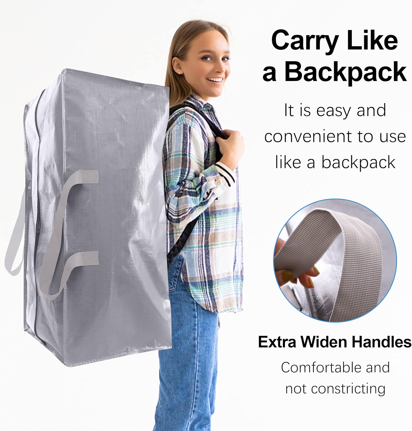 VELVETSURE Heavy Duty Extra Large Moving Bags - Strong Backpack Straps & Zippers, Space-Saving Storage Totes (Set of 6, Silver)