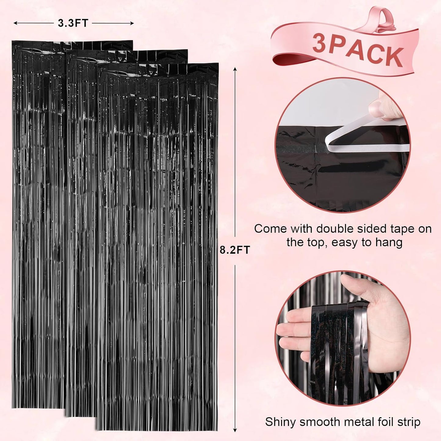 Voircoloria Laser Black Foil Fringe Backdrop Curtains - 3 Pack 3.3 x 8.2 ft Tinsel Streamers for Parties
