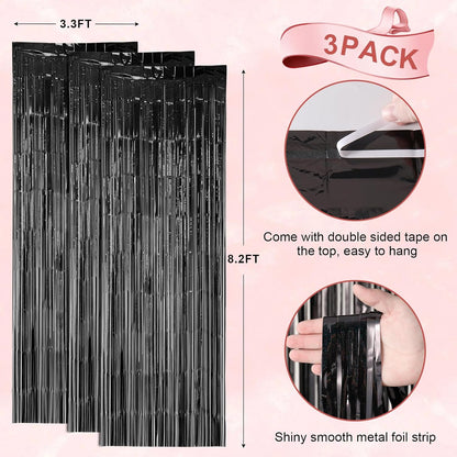 Voircoloria Laser Black Foil Fringe Backdrop Curtains - 3 Pack 3.3 x 8.2 ft Tinsel Streamers for Parties