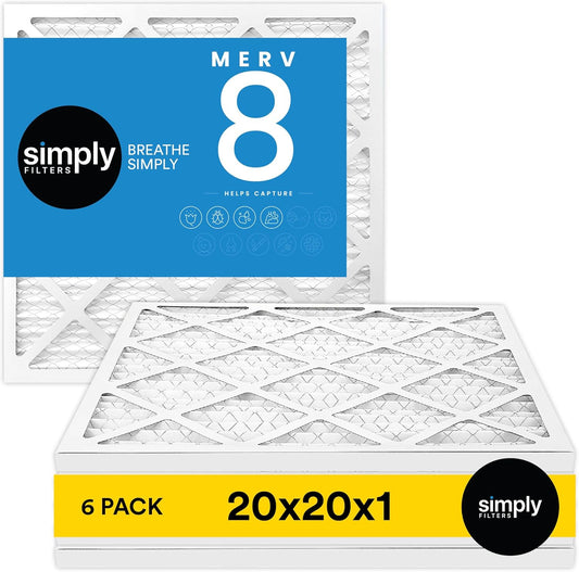 Simply 20x20x1 Air Filter - MERV 8 Furnace Filter for HVAC | 6 Pack for Dust, Pet & Allergy Control