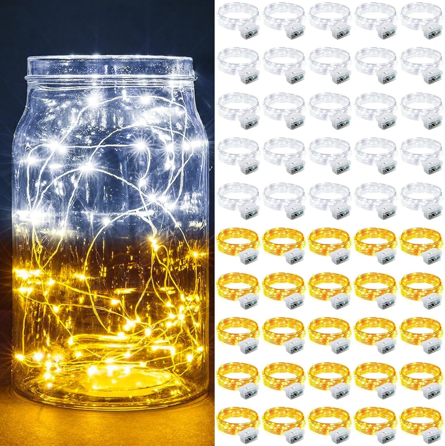 Skiennix 50 Pack Fairy Lights - 7Ft Twinkle String Lights | 20 LED, Battery Operated, Waterproof, Warm White