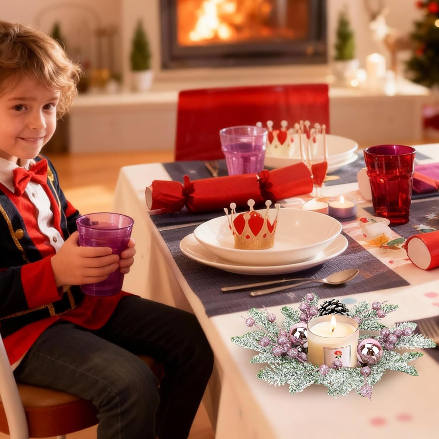 Regine Switzerland Christmas Candle Rings - 8" Small Wreaths with Pine Cones, Berries & Balls for Festive Table Decor (4, Pink)