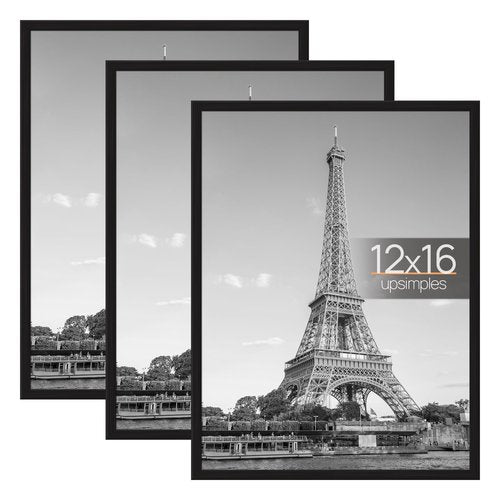 upsimples 12x16 Picture Frame Black 3 Pack, Scratch-Proof Poster Frames 12 x 16 for Photo Gallery - Slide-In Strips, Horizontal or Vertical Wall Mounting