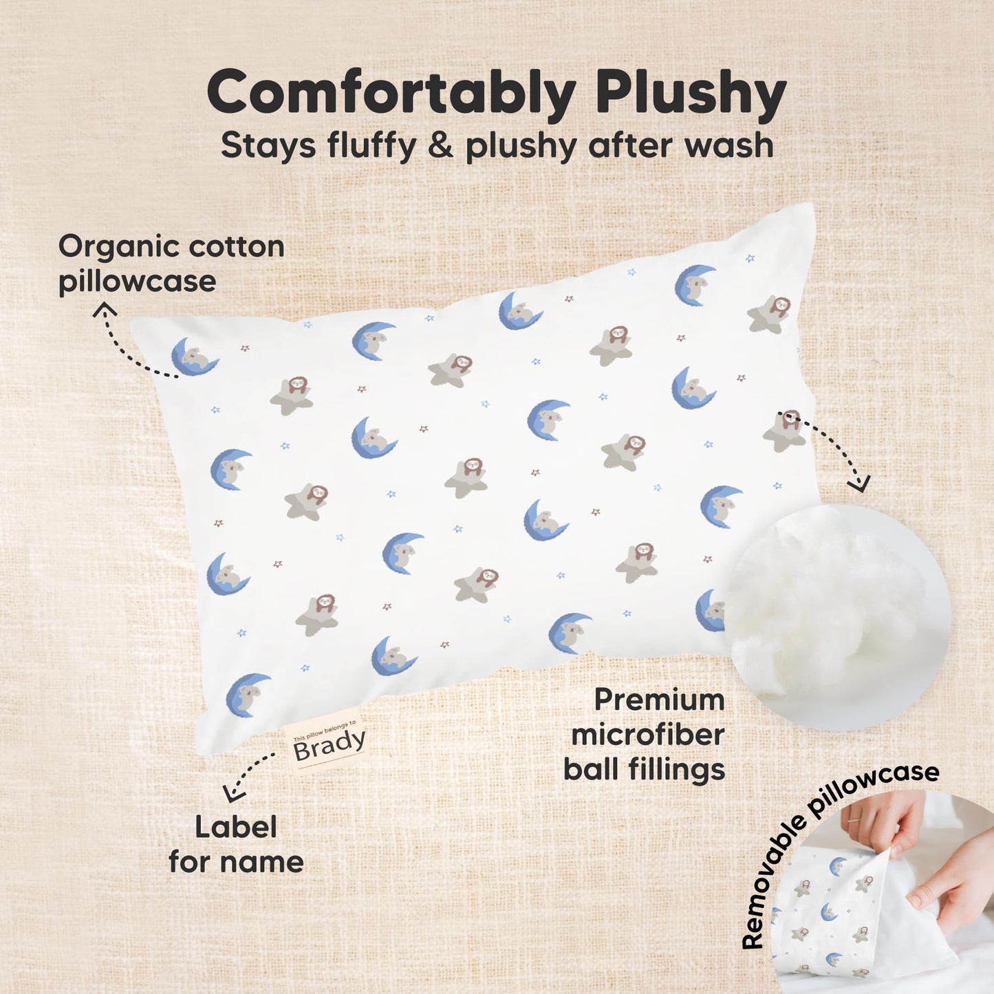 Mini Toddler Pillow with Pillowcase - 9x13 My Little Dreamy Travel Kids Pillow for Sleeping, Toddler Bed, Small, Tiny, Organic Cotton Pillowcase, Soft & Breathable, Kids 2-4 Years Old (Construction)