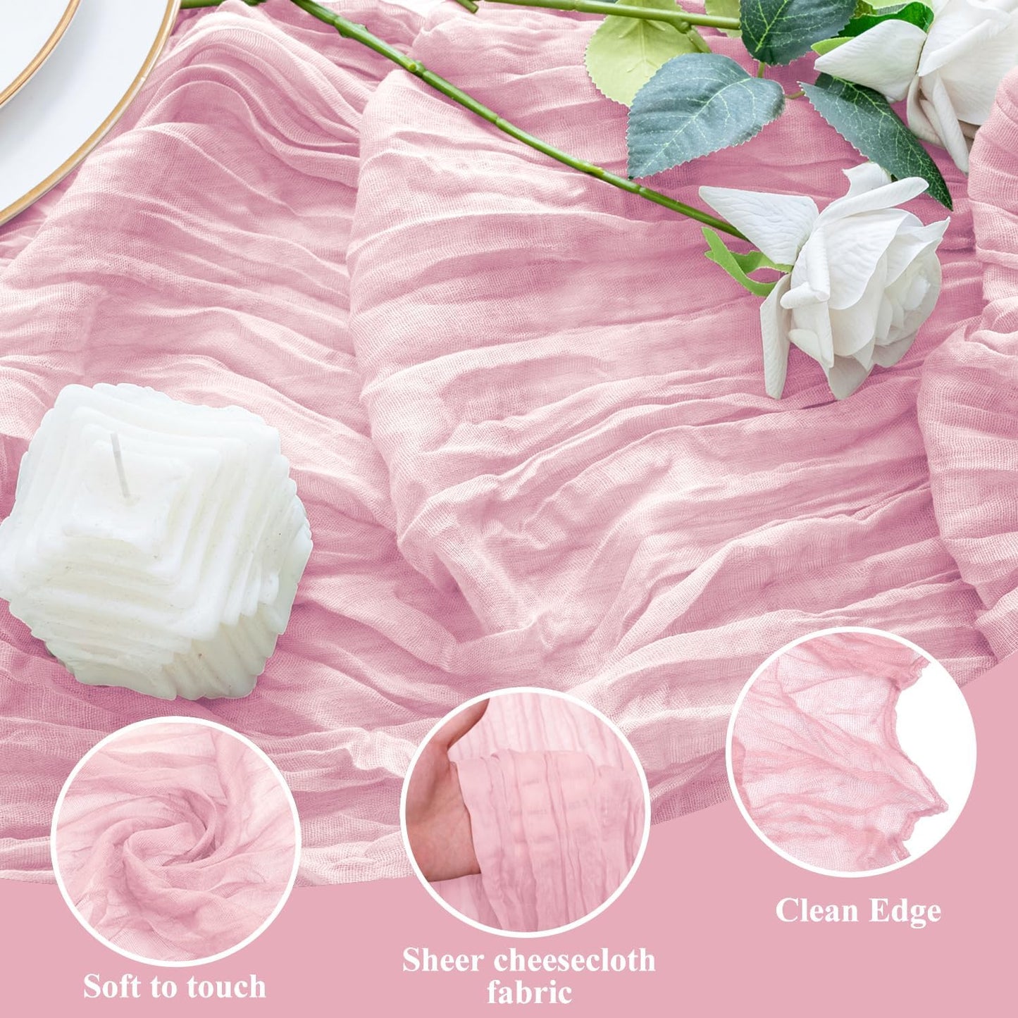 Skiennix 3PCS Table Runner Set - Blushing Pink Boho Gauze for Rustic Summer Weddings & Events