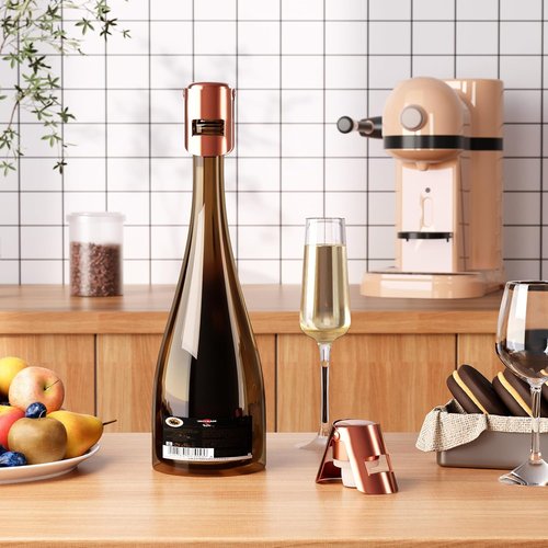 Champagne Stoppers with Stainless Steel Champagne Saver with Food Grade Silicone Leak proof Keep Fresh Suitable for Champagne, Cava, Prosecco and Sparkling (Rosegold, 4 Pack)