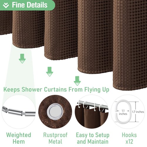 Dynamene Extra Long Shower Curtain - 96 Inch Long Waffle Weave Weighted Thick Cloth Bathroom Shower Curtain, Neutral Heavy Duty Hotel Bath Curtain Set with 12 Plastic Hooks,72x96, Brown