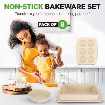 NutriChef 8-Piece Bakeware Set - Non-Stick Carbon Steel Pans | Includes Sheet, Muffin, Round, Loaf & More | Oven Safe to 450°F | Marble Cream Finish