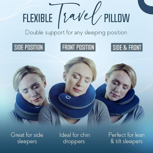 BCOZZY Travel Neck Pillow - Patented Double Support for Head, Neck & Chin | Adjustable Size, Large Navy, Fully Washable