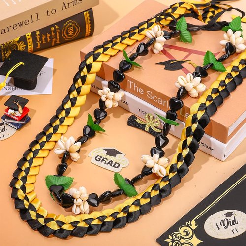 FYSUIMU Graduation Ribbon Lei - Handmade Black & Gold Kukui Nut Necklace for College Grads | 2 Pcs Set