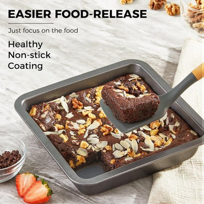 HONGBAKE Nonstick 8x8 Cake Baking Pan Set - Heavy Duty Square Brownie Pans with Wider Grips | 2 Pieces, Grey