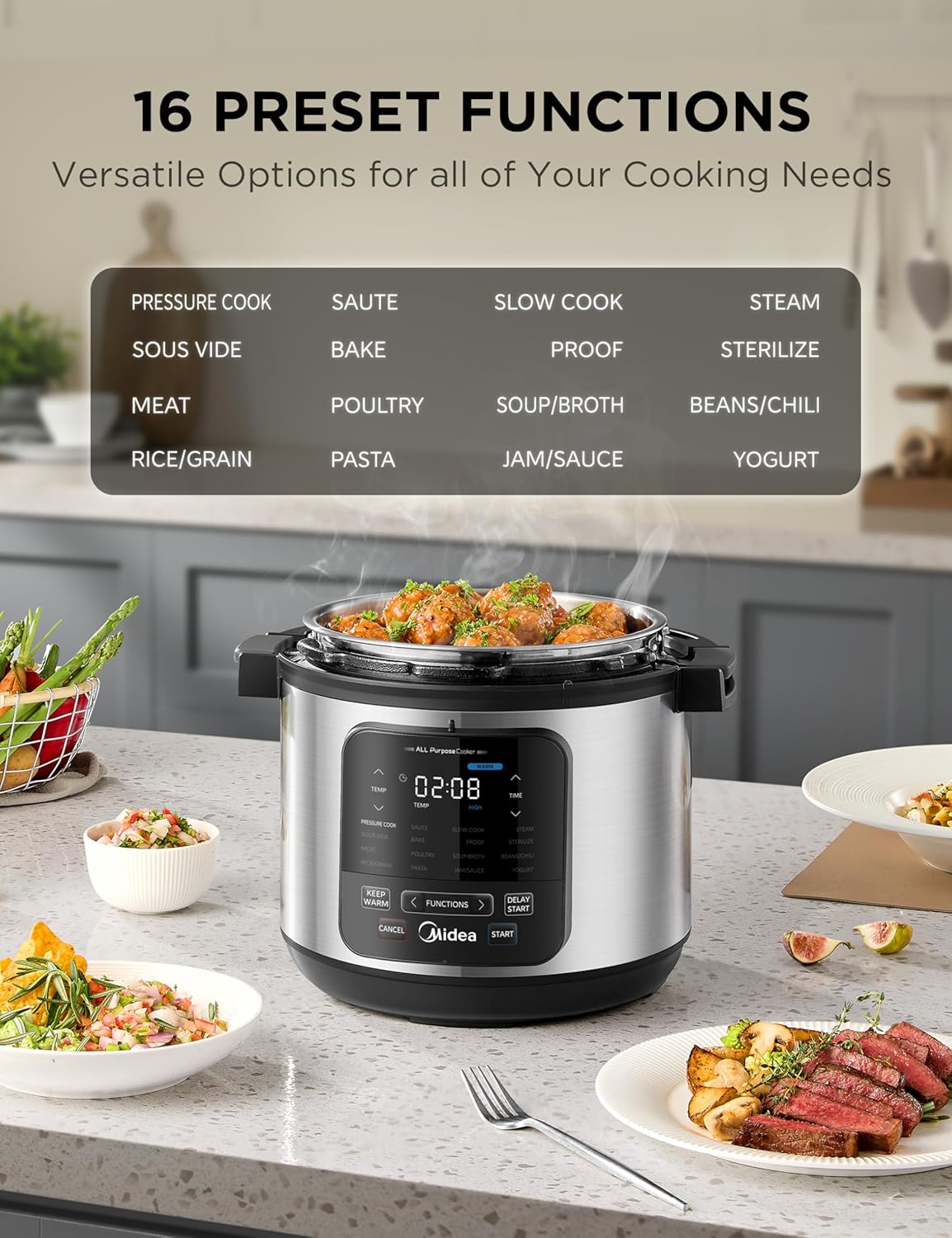 Midea 10-in-1 Electric Pressure Cooker - Versatile Slow Cooker, Steamer & Sous Vide - 6 Quart Stainless Steel Pot