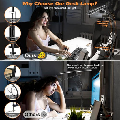 Airlonv LED Desk Lamp - Eye-Caring Adjustable Gooseneck Light with Stepless Dimming | Black, 10W USB Adapter