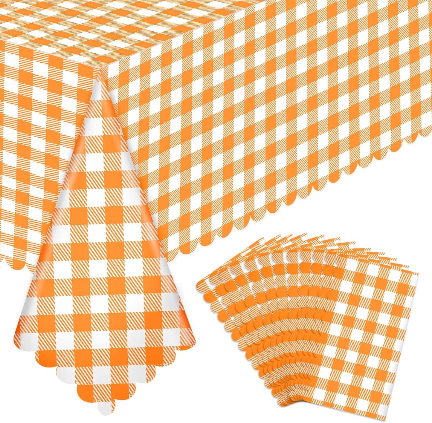 Regine Switzerland 12 Pack Orange Gingham Tablecloths - 54 x 108 Inch Waterproof Disposable Covers for Parties & Picnics