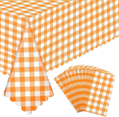 Regine Switzerland 12 Pack Orange Gingham Tablecloths - 54 x 108 Inch Waterproof Disposable Covers for Parties & Picnics