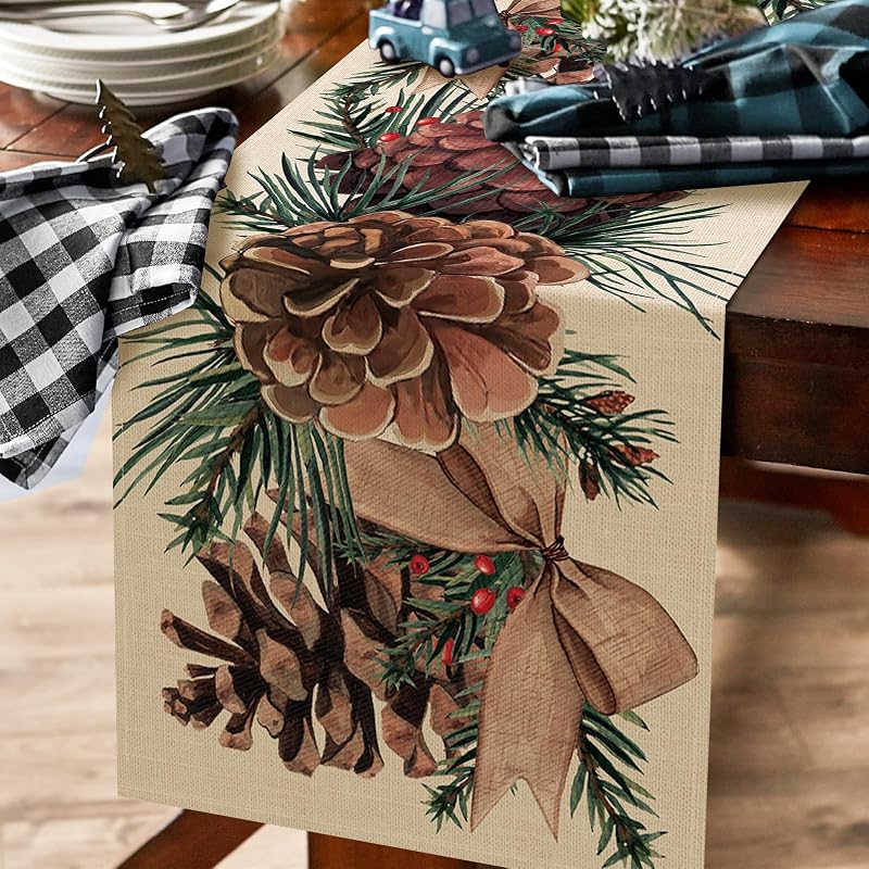 Winter Pine Cone Table Runner 13"x108" with Pine Needle, Red Berry & Bow - Seliem (Variation: Winter-pine Cone+Table Runner 13''X108'')